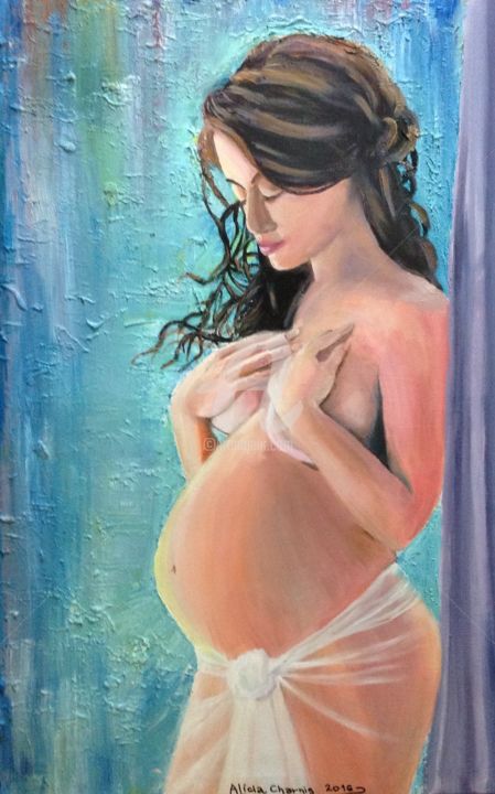 Painting titled "Pregnant sweet woman" by Alicia Charnis, Original Artwork