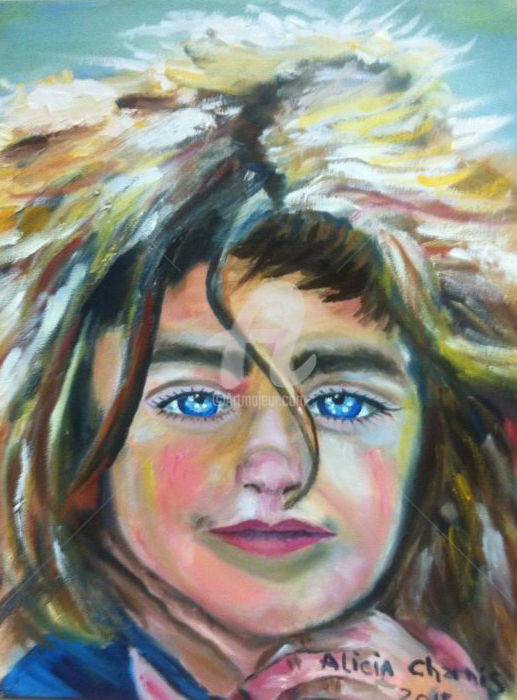 Painting titled "Blue eyes kurdish g…" by Alicia Charnis, Original Artwork, Oil