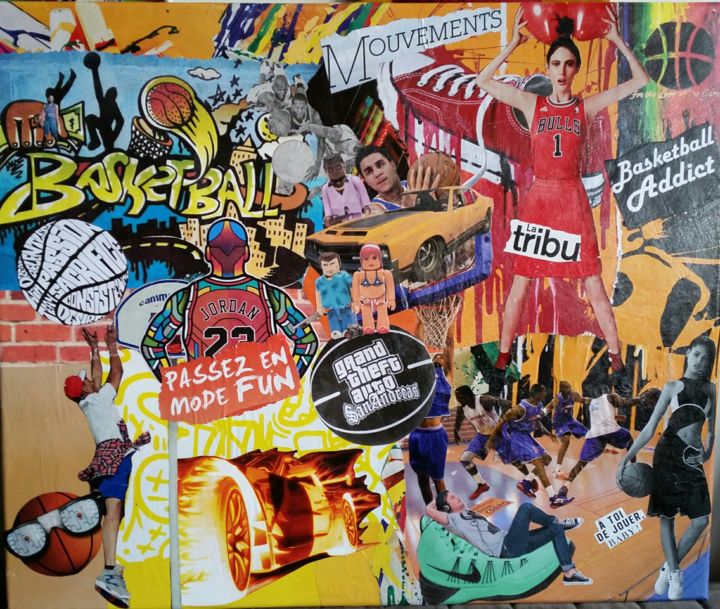 Collagen mit dem Titel "Basketball" von Lydie Girard, Original-Kunstwerk