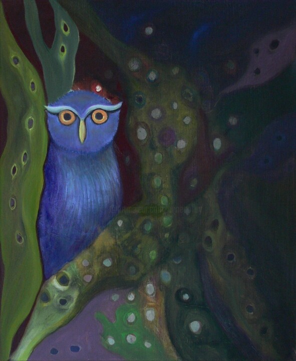 Painting titled "Secret Owl" by Collay Anne, Original Artwork, Oil Mounted on Wood Stretcher frame
