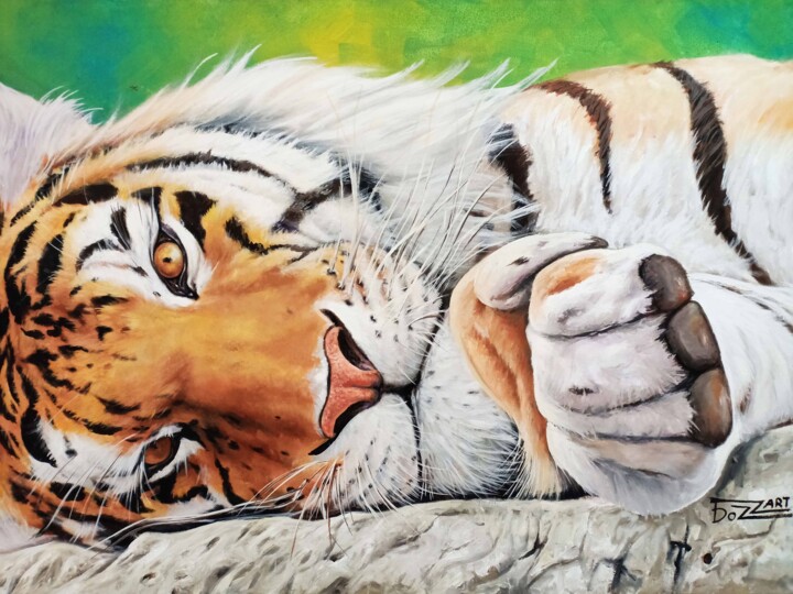 Painting titled "Tigre Allongé" by Collection Animaux, Original Artwork, Acrylic