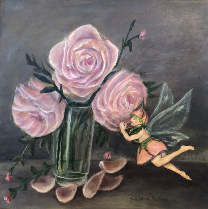 Painting titled "Pink Rose Fairy" by Colleen Pattrick, Original Artwork, Acrylic