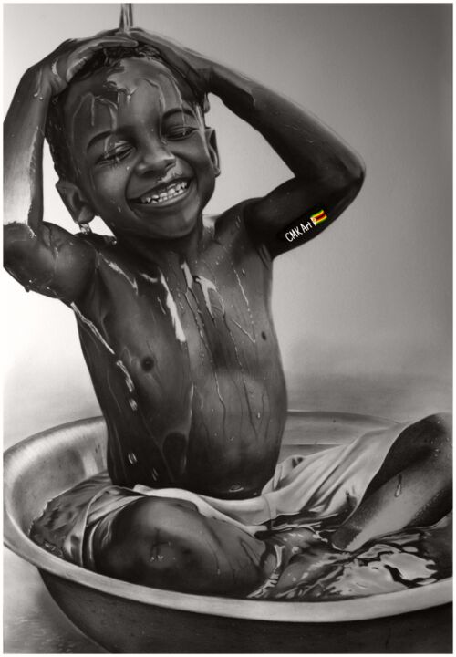 Dessin intitulée "Kid bathing in a di…" par Collin Makoni, Œuvre d'art originale, Fusain