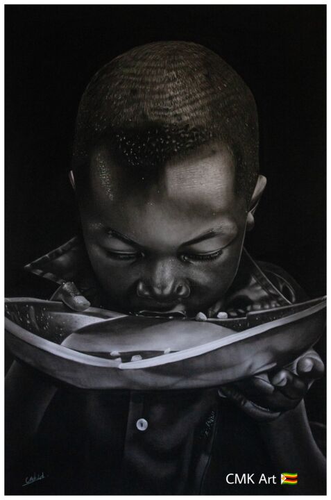 Dessin intitulée "Growing up with love" par Collin Makoni, Œuvre d'art originale, Fusain