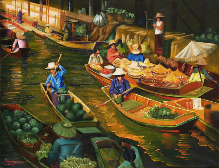 Painting titled "LE MARCHE THAILANDA…" by Colo, Original Artwork, Oil