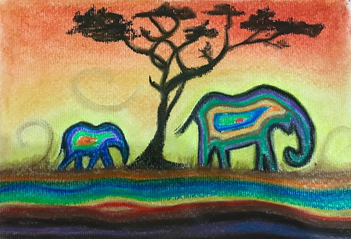 Malerei mit dem Titel "Elephants" von Katia Luján, Original-Kunstwerk, Pastell