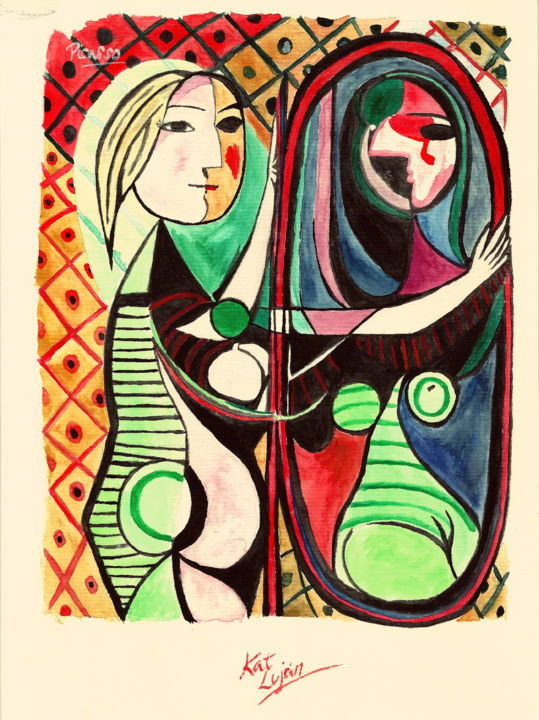 Painting titled "picasso-replica-wom…" by Katia Luján, Original Artwork, Watercolor