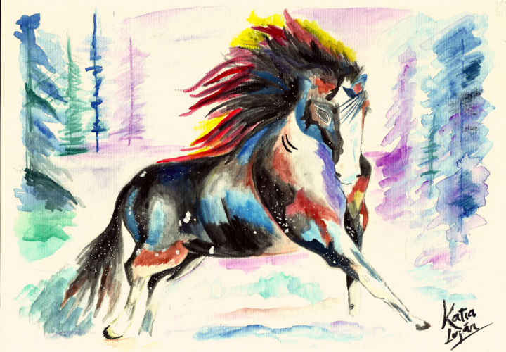 Malerei mit dem Titel "stallion-on-fire-00…" von Katia Luján, Original-Kunstwerk, Aquarell