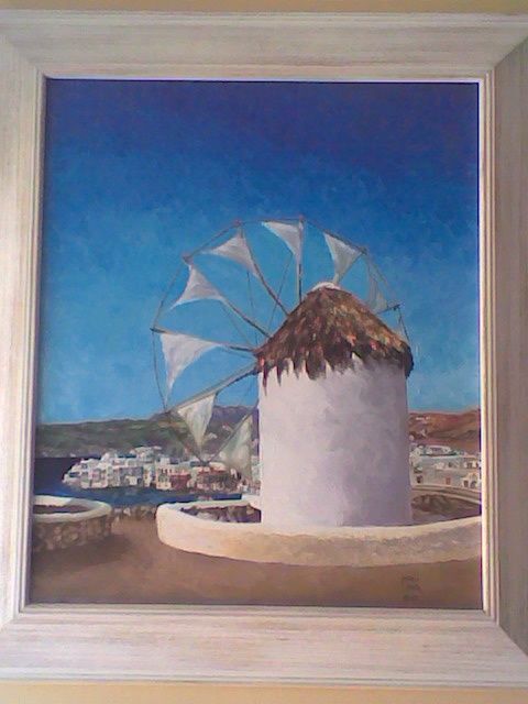 Painting titled "MOLINO EN MIKONOS" by María Montal Riba, Original Artwork, Oil