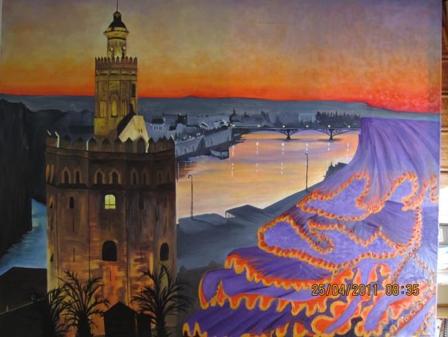 Painting titled "TORRE DEL ORO CON F…" by María Montal Riba, Original Artwork, Oil