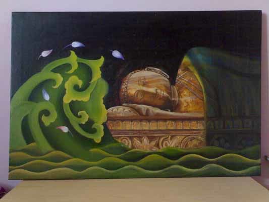 Painting titled "Sleeping Buddha" by Renu, Original Artwork, Oil