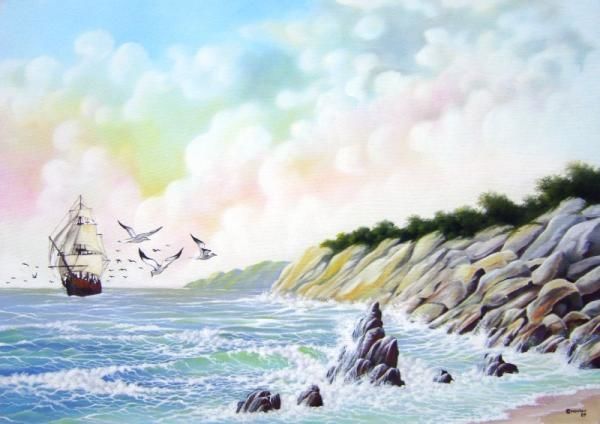 Pintura intitulada "Praia Isolada" por Comonian, Obras de arte originais, Óleo
