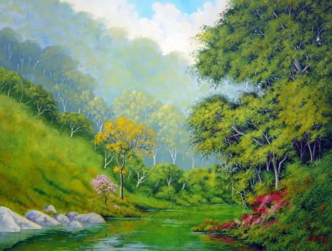 Pintura intitulada "Lago na Mata" por Comonian, Obras de arte originais, Óleo