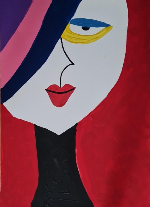 Schilderij getiteld "Lady on red" door Connie Whelan, Origineel Kunstwerk, Acryl