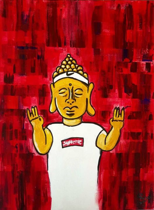 Painting titled "Buddha in the stree…" by Rono_ok, Original Artwork, Acrylic