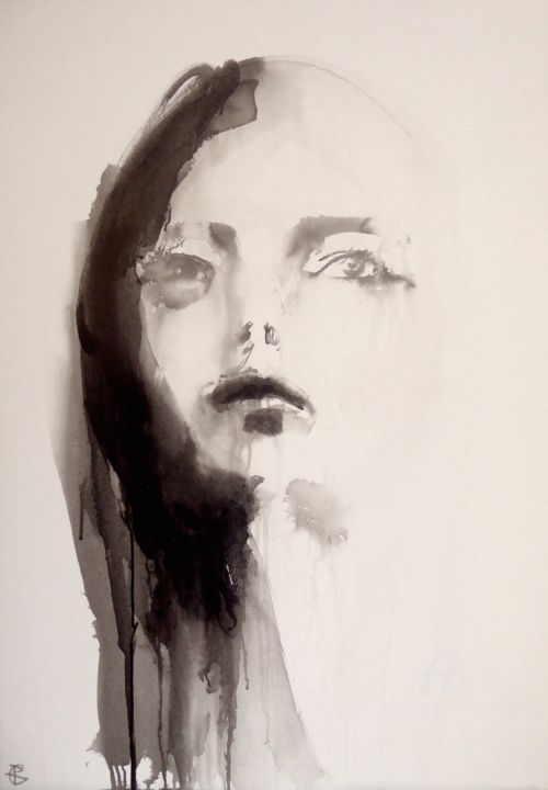 Malerei mit dem Titel "Abstract portrait I" von Constance Robine, Original-Kunstwerk, Tinte Auf Keilrahmen aus Holz montiert