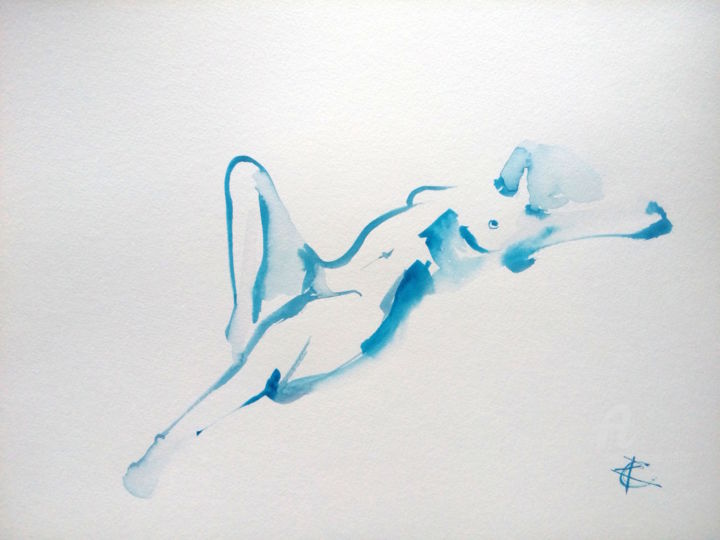 Painting titled "Blue woman I" by Constance Robine, Original Artwork, Watercolor Mounted on Cardboard