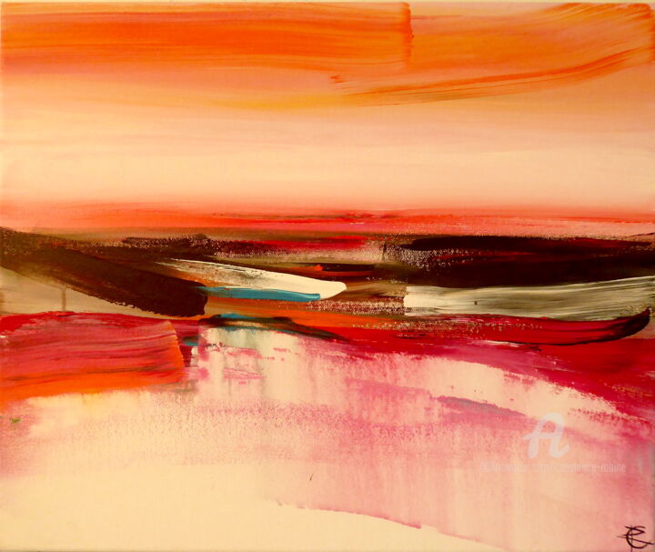 Painting titled "Pink Black Horizon" by Constance Robine, Original Artwork, Acrylic Mounted on Wood Stretcher frame