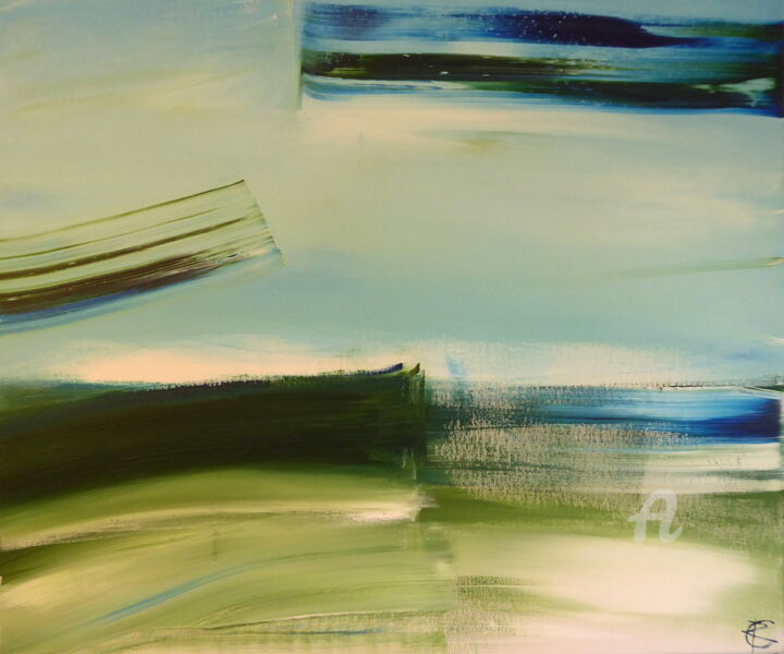 Malarstwo zatytułowany „Blue Green Horizon” autorstwa Constance Robine, Oryginalna praca, Akryl Zamontowany na Drewniana ram…