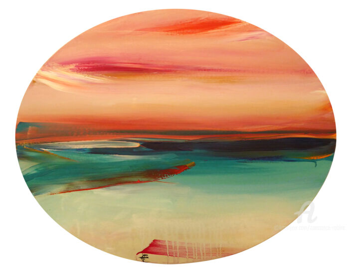 Painting titled "Pink Blue Horizon II" by Constance Robine, Original Artwork, Acrylic Mounted on Wood Stretcher frame