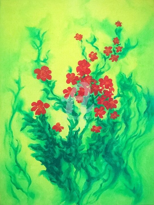 Painting titled "FLOWER 2" by Constantin Popescu, Original Artwork, Oil Mounted on Wood Stretcher frame
