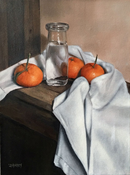 Painting titled "Oranges with Bottle" by Judith Harvey, Original Artwork, Oil