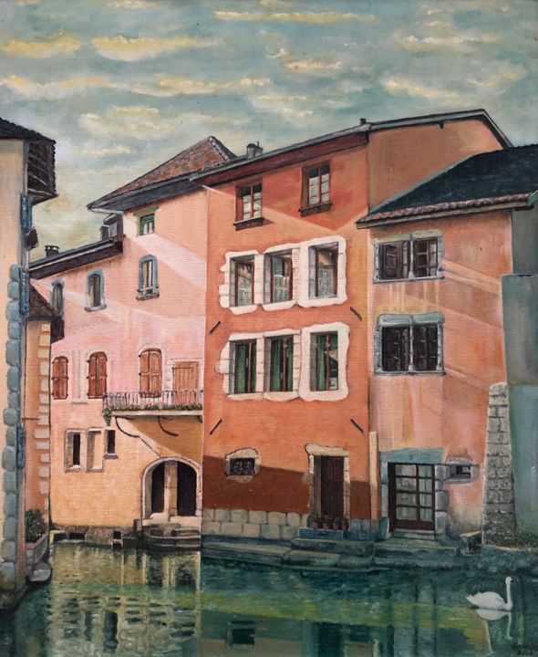 Schilderij getiteld "Annecy le vieux." door Stephane Georges, Origineel Kunstwerk, Olie