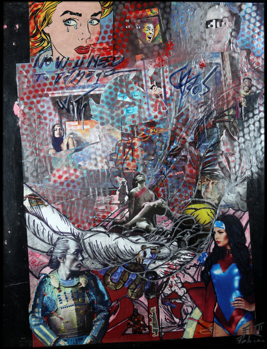Collages getiteld "Wonder woman Vs Jin…" door Antoine-Emmanuel Rousselle-Laurent, Origineel Kunstwerk, Collages