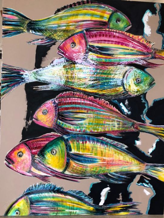 Malerei mit dem Titel "Banc de poissons" von Frédérique Gilloux (FG), Original-Kunstwerk, Acryl