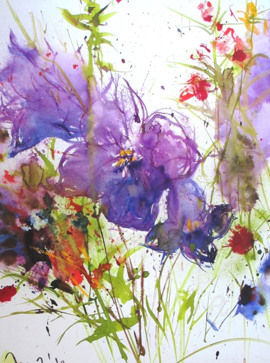 Malerei mit dem Titel ""violet flower"" von Heike Renz, Original-Kunstwerk, Aquarell