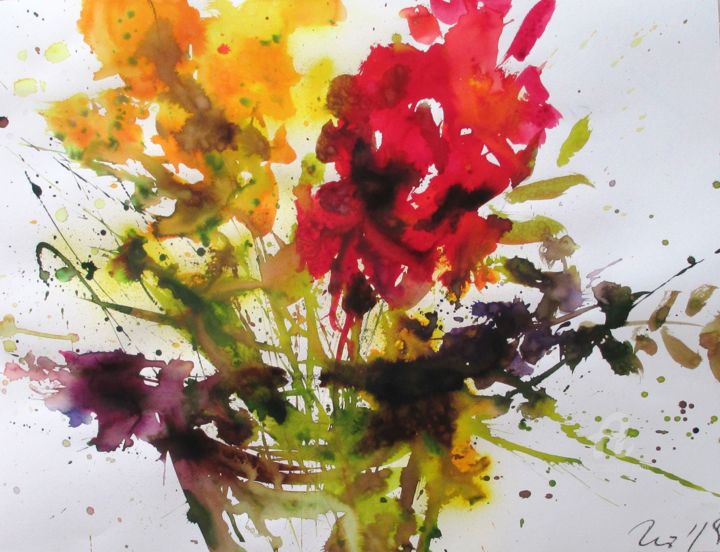 Pittura intitolato "a 46 -Herbstblumen" da Heike Renz, Opera d'arte originale, Acquarello