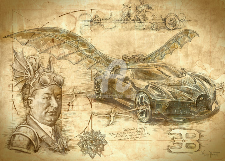 Arts numériques intitulée "Bugatti-Vinci" par Roland Perret, Œuvre d'art originale, Peinture numérique