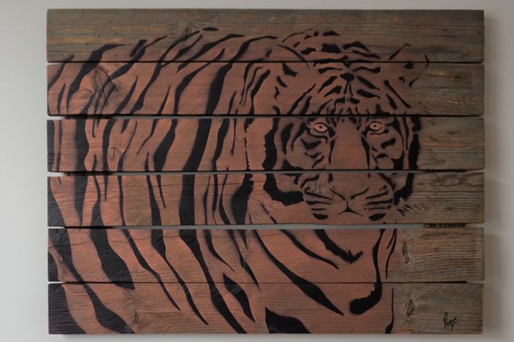 Peinture intitulée ""L'oeil du tigre"" par Vincent Parmentier, Œuvre d'art originale, Pochoir
