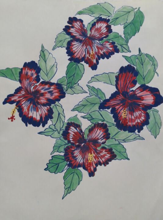 Dessin intitulée "Hibiscus Tricolores" par Mauréna Lambert, Œuvre d'art originale, Gouache