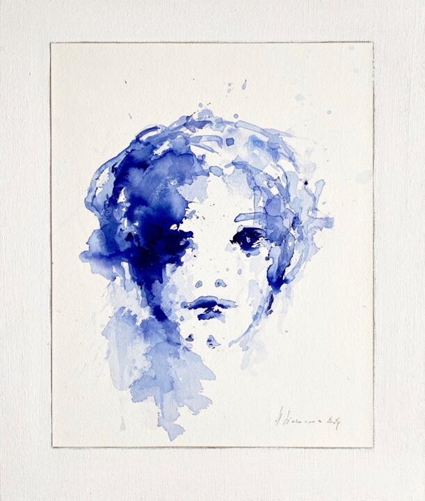 Peinture intitulée ""Fille blue" 2024" par Hanna Sidorowicz, Œuvre d'art originale, Encre Monté sur Châssis en bois
