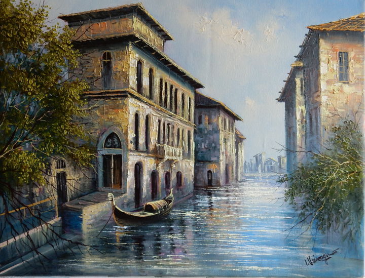 Painting titled "Canal Venetian" by Ion Voineagu, Original Artwork, Acrylic