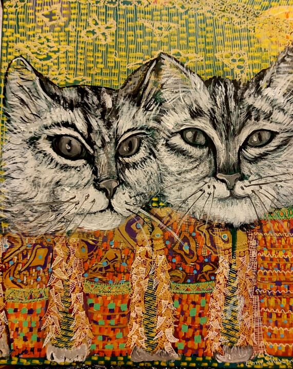 Painting titled "Felines" by Cony Shesson, Original Artwork, Acrylic Mounted on Wood Stretcher frame