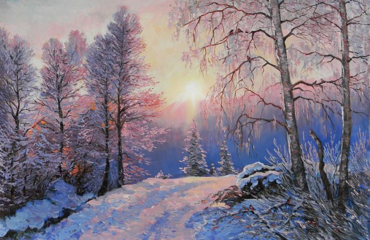 Peinture intitulée "зимнее утро" par Vladimir Andreev, Œuvre d'art originale, Huile