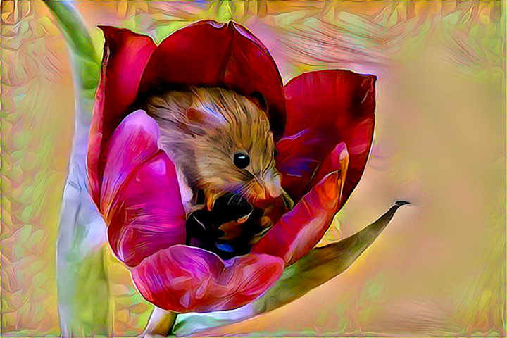 Digitale Kunst getiteld "Mouse In A Tulip" door Angela Hanley, Origineel Kunstwerk, Digitaal Schilderwerk