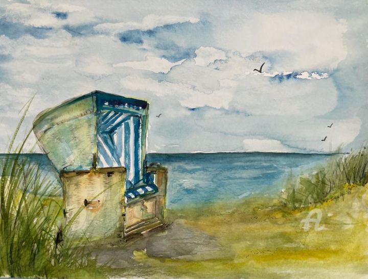 Malerei mit dem Titel "Strandkorb am Meer" von Corason, Original-Kunstwerk, Aquarell