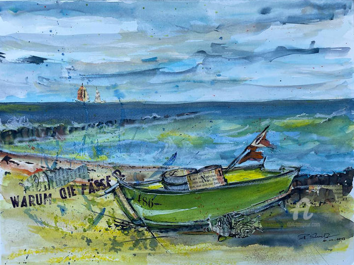 Malerei mit dem Titel "Fischerboot am Stra…" von Corason, Original-Kunstwerk, Aquarell
