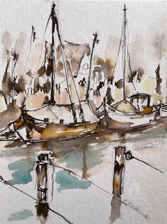 Painting titled "Zeesboote im Hafen" by Corason, Original Artwork, Watercolor