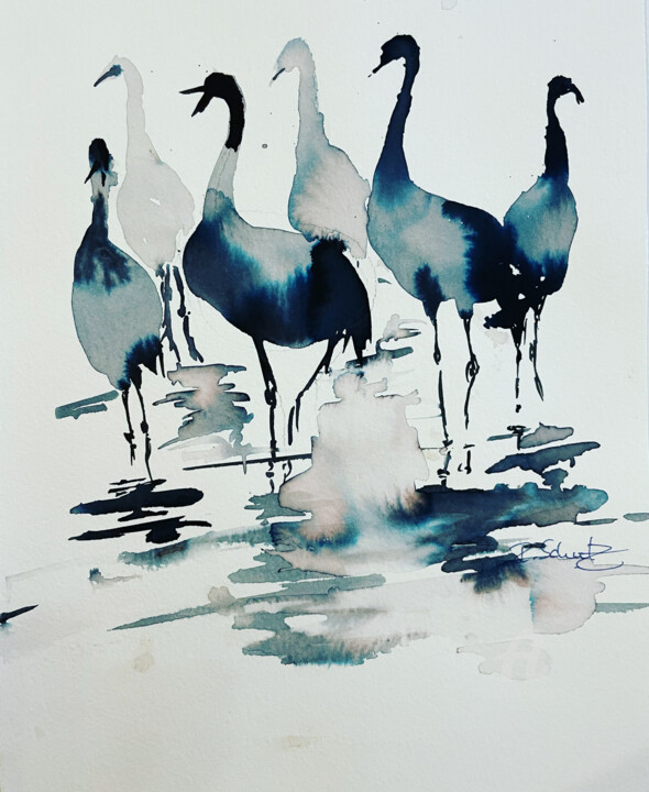 Painting titled "Kraniche" by Corason, Original Artwork, Watercolor