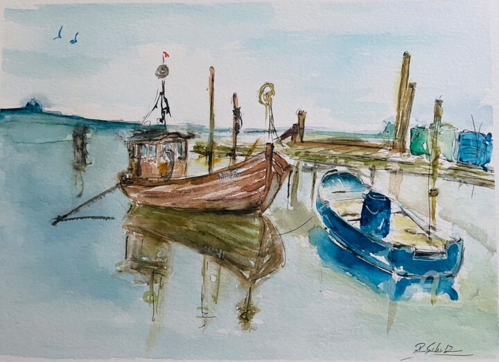 Painting titled "Boote in Boddenland…" by Corason, Original Artwork, Watercolor