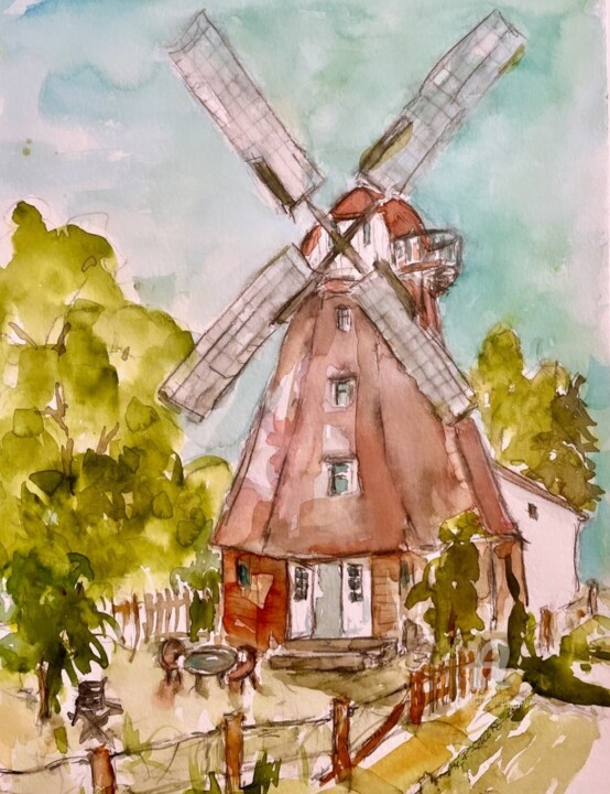 Painting titled "Windmühle in Ahrens…" by Corason, Original Artwork, Watercolor