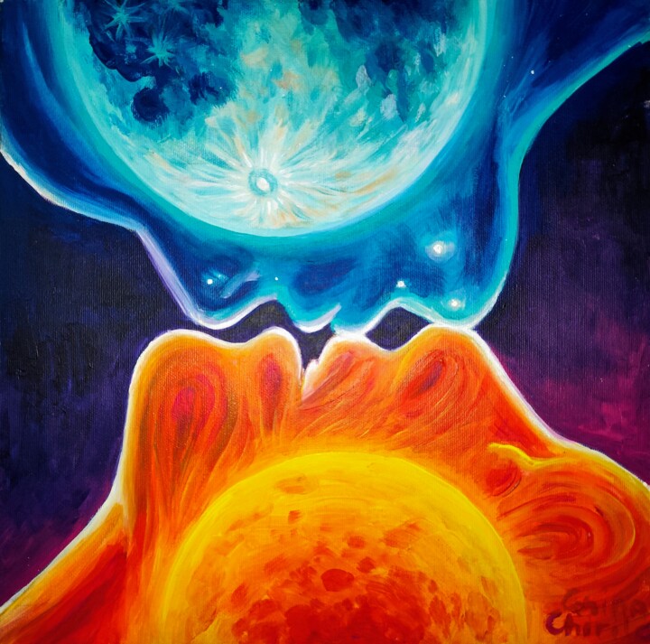 Painting titled "Sun and moon kiss" by Corina Chirila, Original Artwork, Acrylic