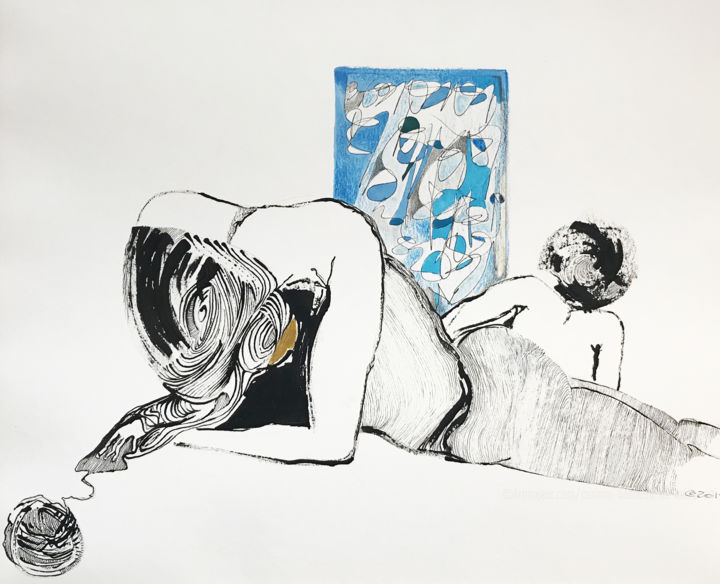 Dessin intitulée "Le fil d'ariane" par Corinne Bandeira De Mello, Œuvre d'art originale, Encre