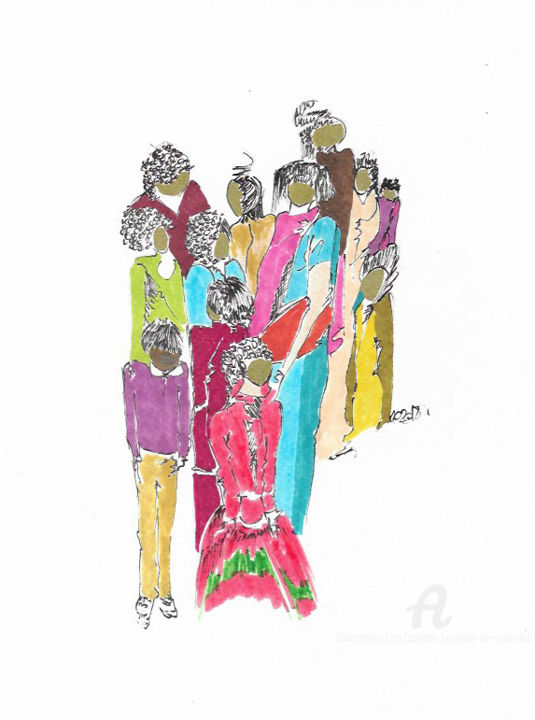 Disegno intitolato "Femmes du Monde 02" da Corinne Bandeira De Mello, Opera d'arte originale, Pennarello