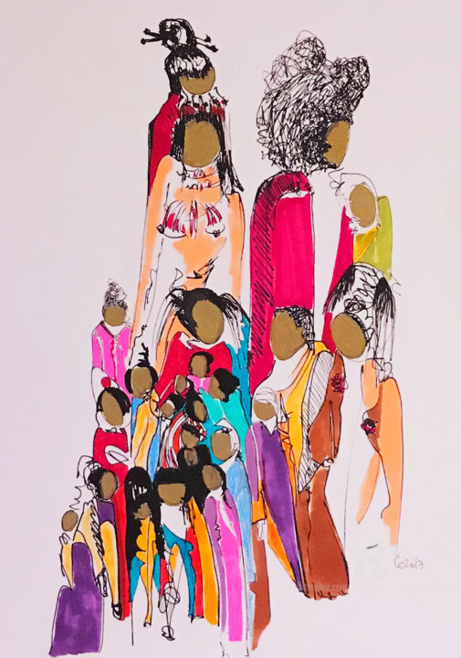 Tekening getiteld "femmes du monde 04" door Corinne Bandeira De Mello, Origineel Kunstwerk, Marker
