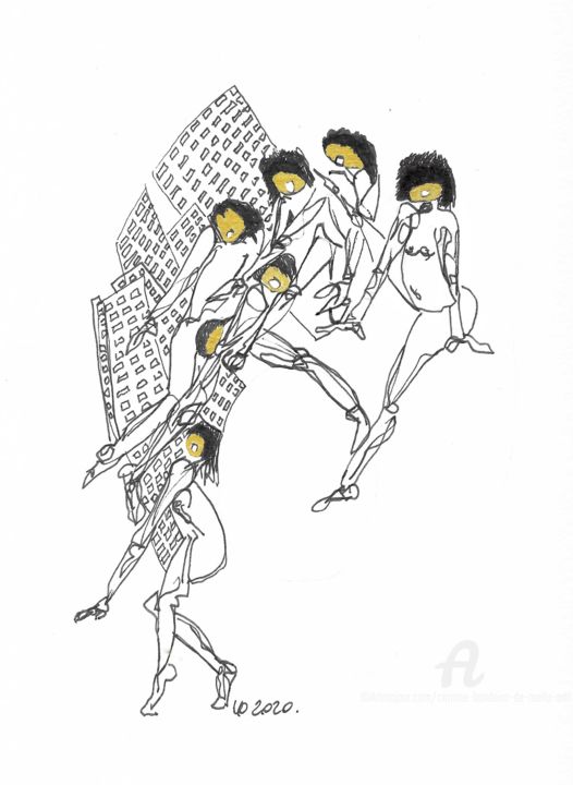 Dessin intitulée "Danse dans la ville" par Corinne Bandeira De Mello, Œuvre d'art originale, Encre